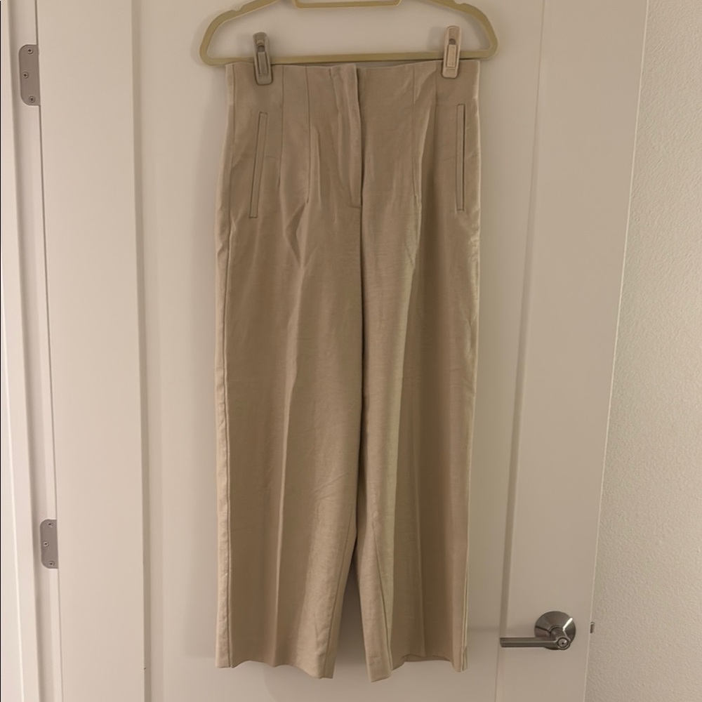 Beige linen high waisted ankle trousers